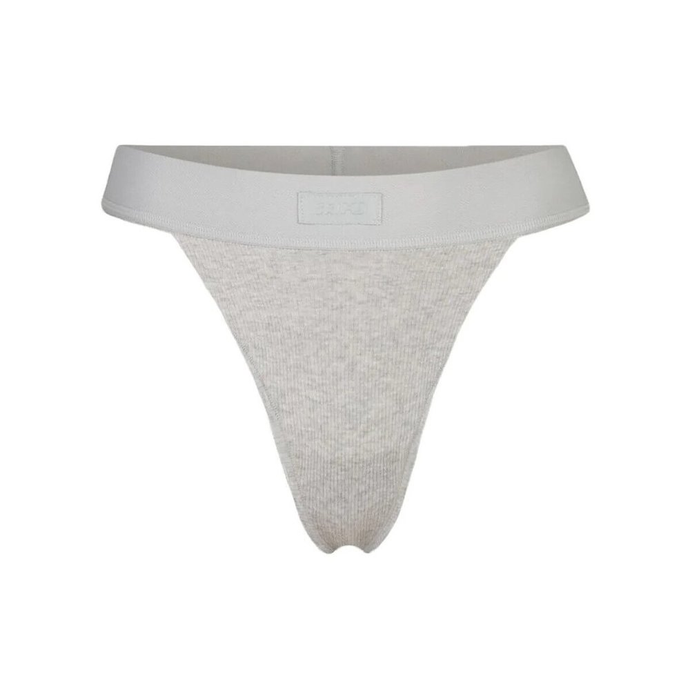 Skims Women Light Heather Grey Cotton Blend Wide Waistband Rib Thong Panty Small